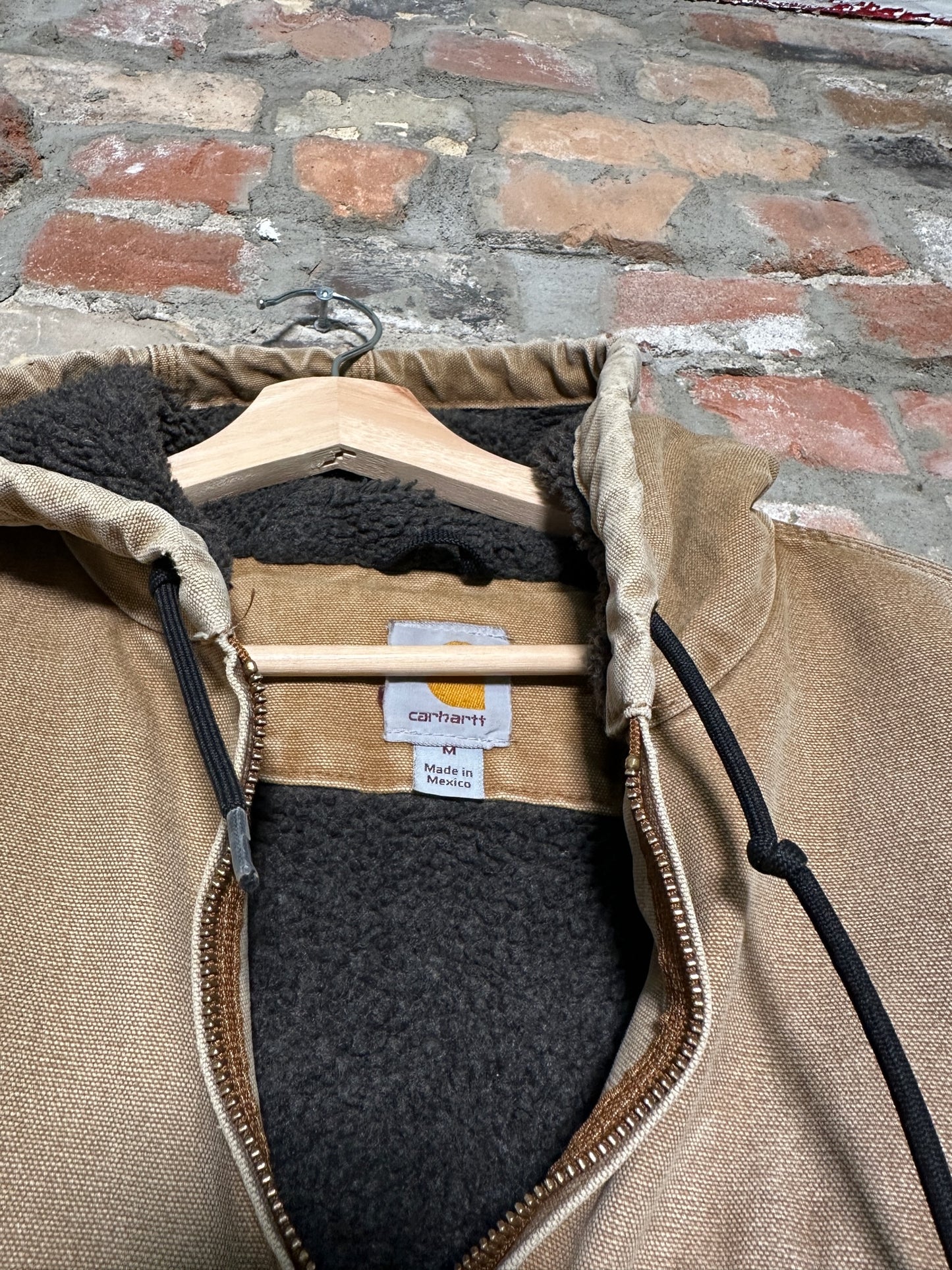 Vtg Carhartt Fleece Lined Faded Tan Hooded Jacket Sz M