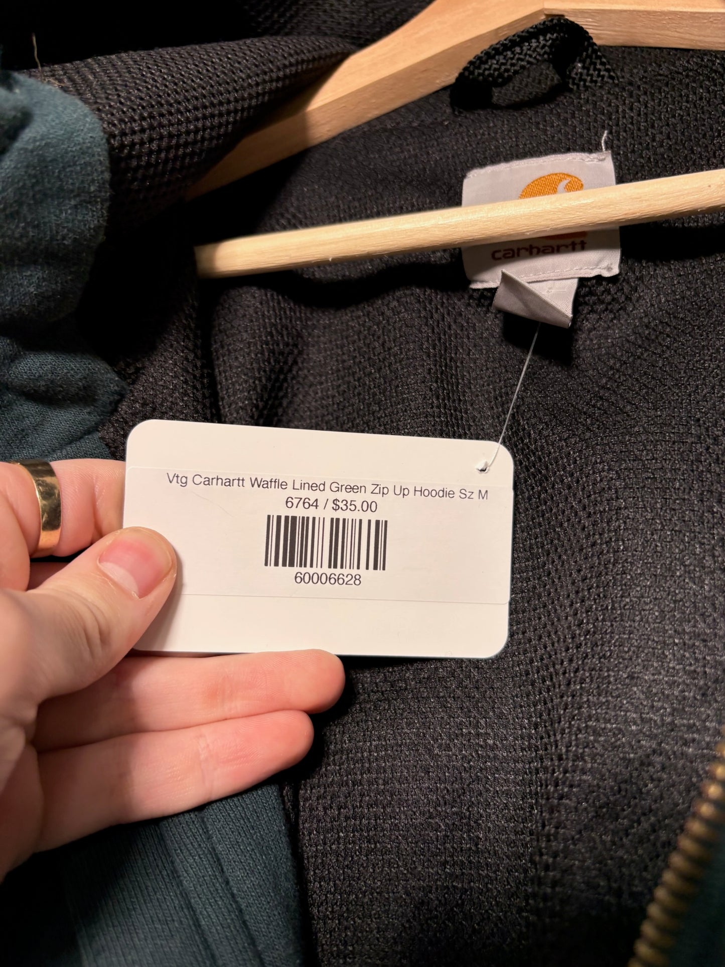 Vtg Carhartt Waffle Lined Green Zip Up Hoodie Sz M