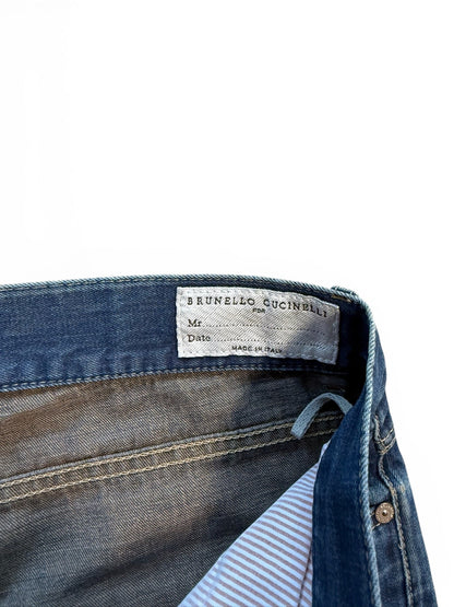 (34W) Brunello Cucinelli Blue Cotton Washed Fly Jeans