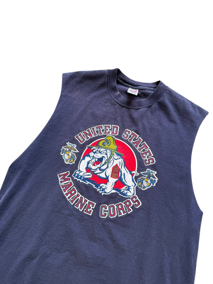 (L) 90s USMC Bulldog Faded Navy Cutoff Shirt
