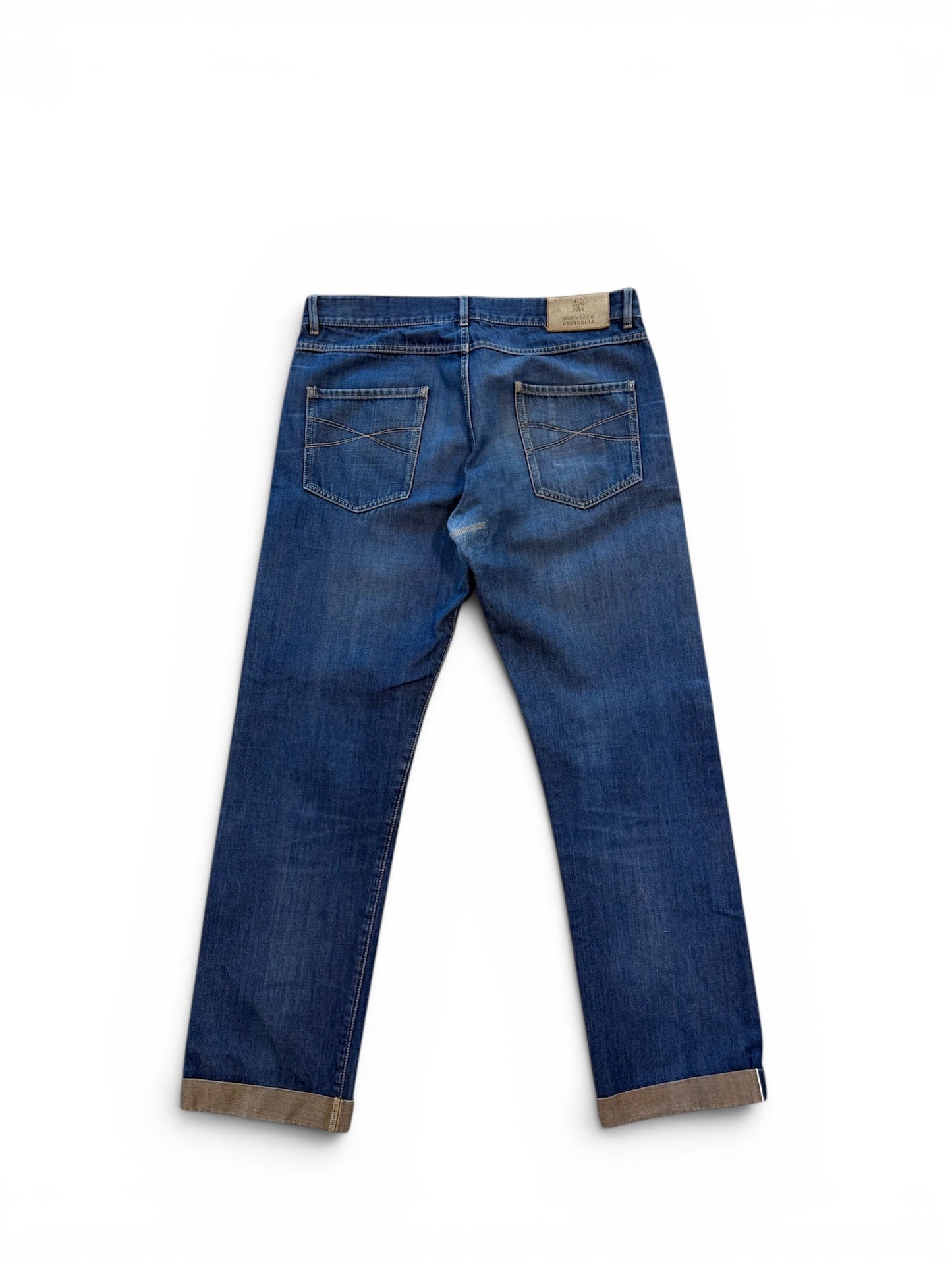 (34W) Brunello Cucinelli Blue Cotton Washed Fly Jeans