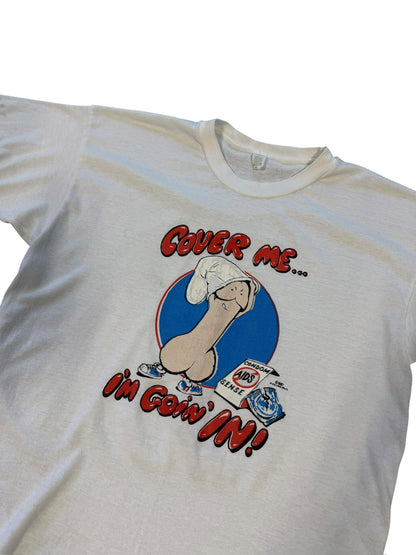 (M) Vintage 1980s “Cover Me” Comedic Condom Tshirt