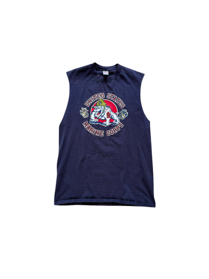 (L) 90s USMC Bulldog Faded Navy Cutoff Shirt