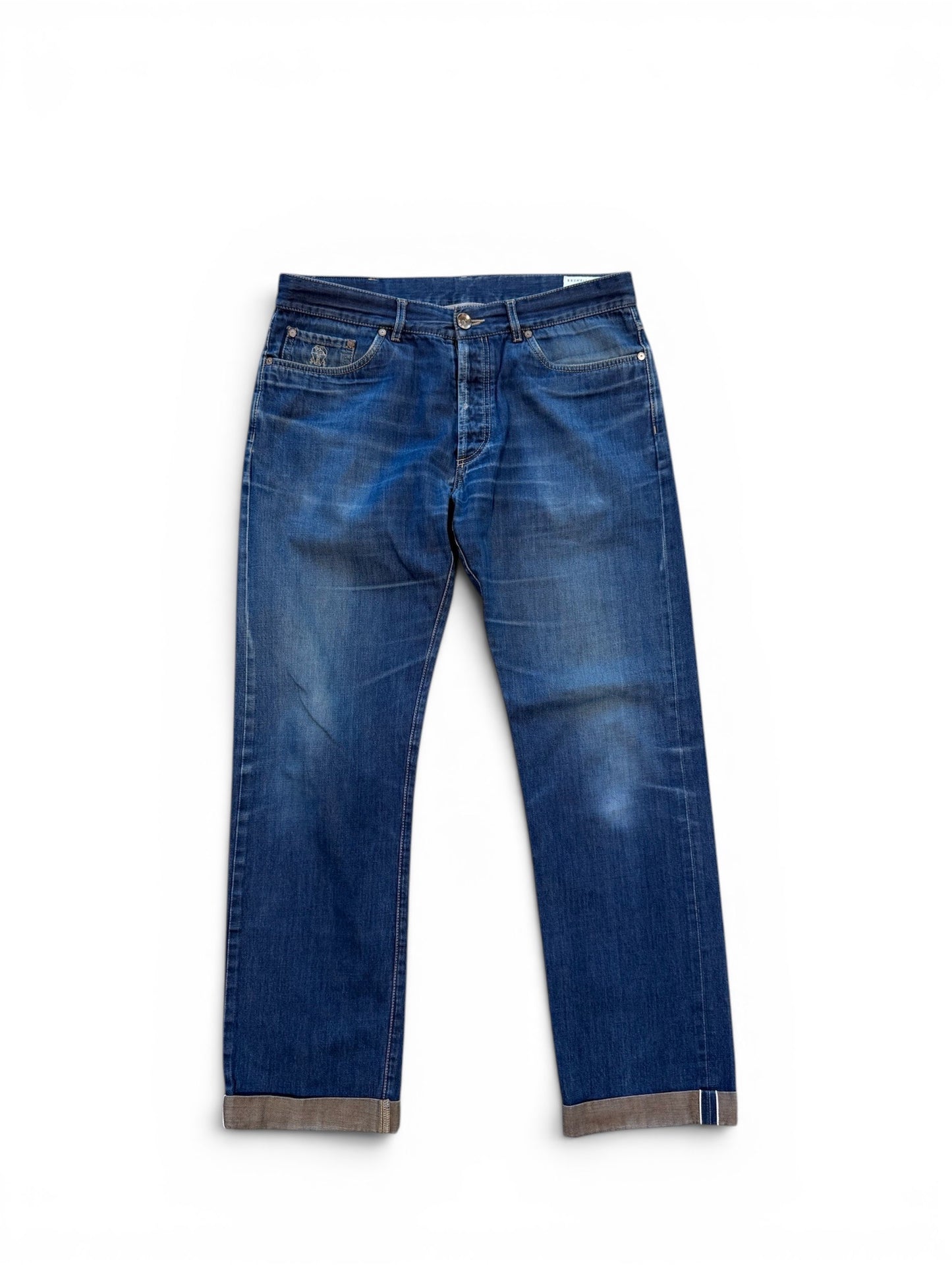 (34W) Brunello Cucinelli Blue Cotton Washed Fly Jeans