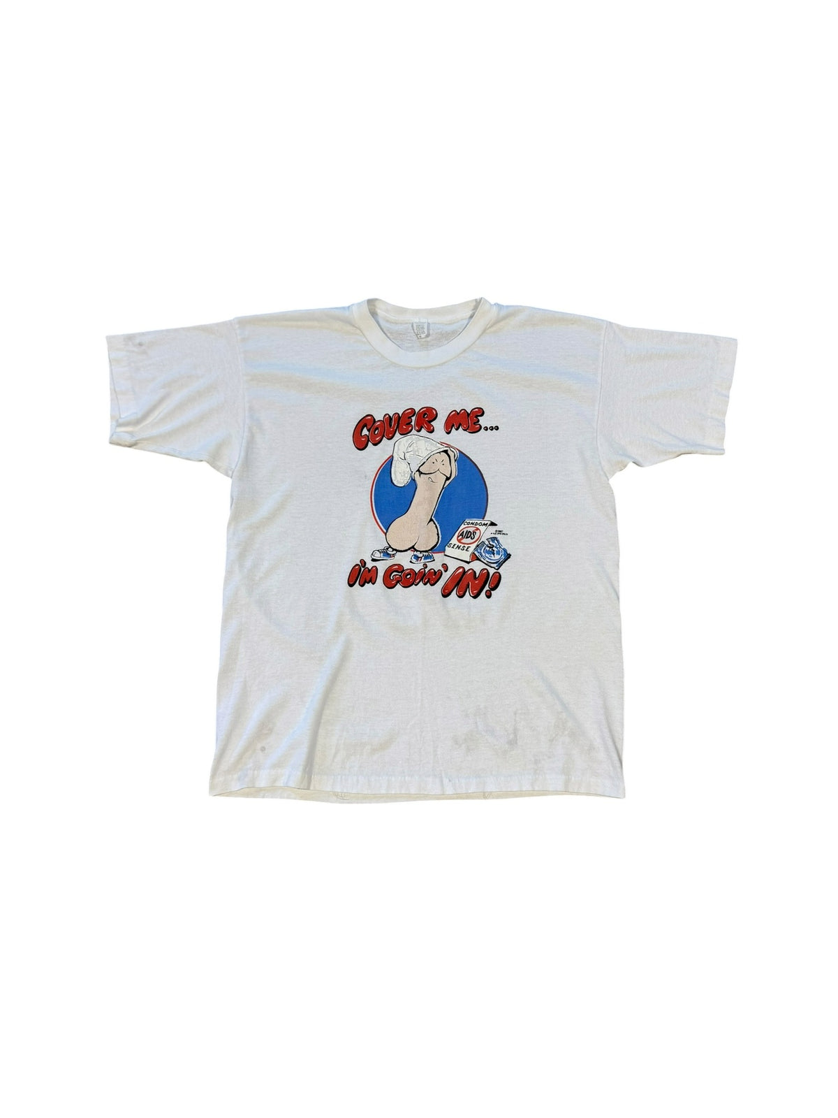 (M) Vintage 1980s “Cover Me” Comedic Condom Tshirt