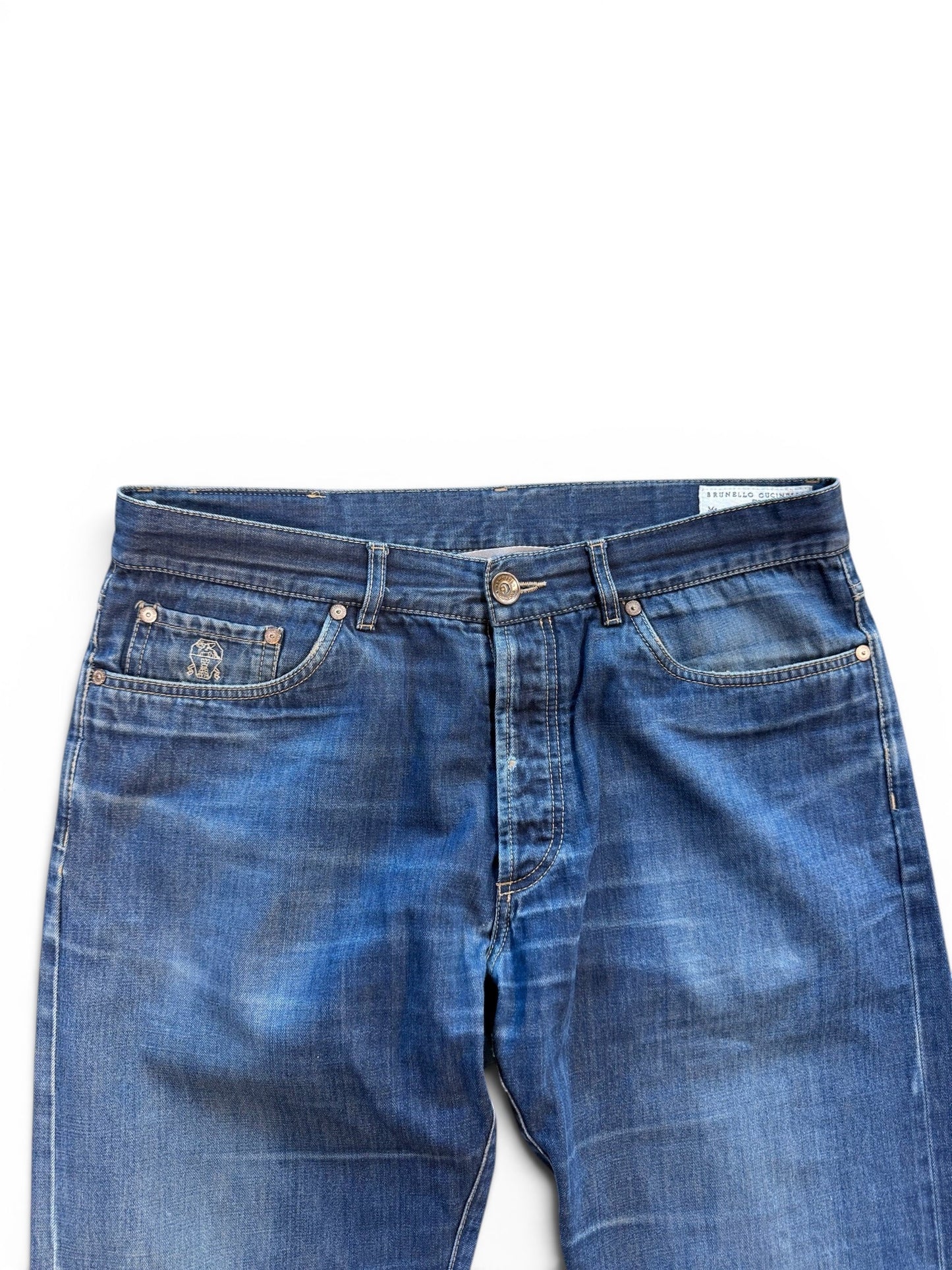 (34W) Brunello Cucinelli Blue Cotton Washed Fly Jeans