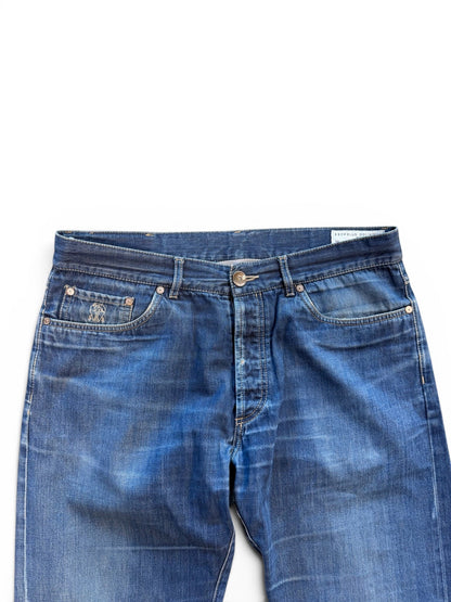 (34W) Brunello Cucinelli Blue Cotton Washed Fly Jeans