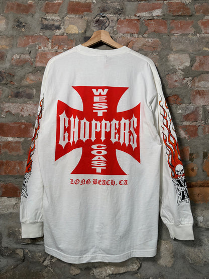90s West Coast Choppers Flames White Long Sleeve Sz L