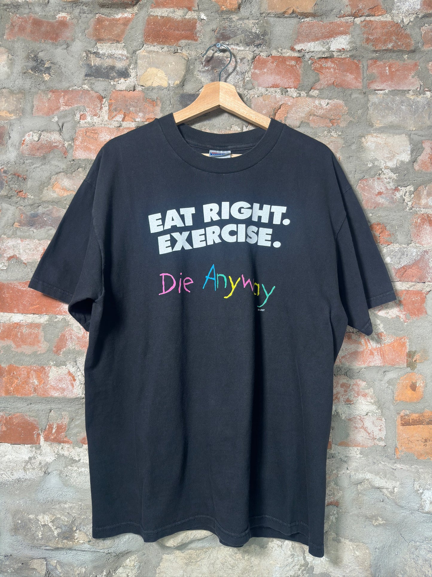 90s Eat Right Exercise Die Anyway T-Shirt Sz L