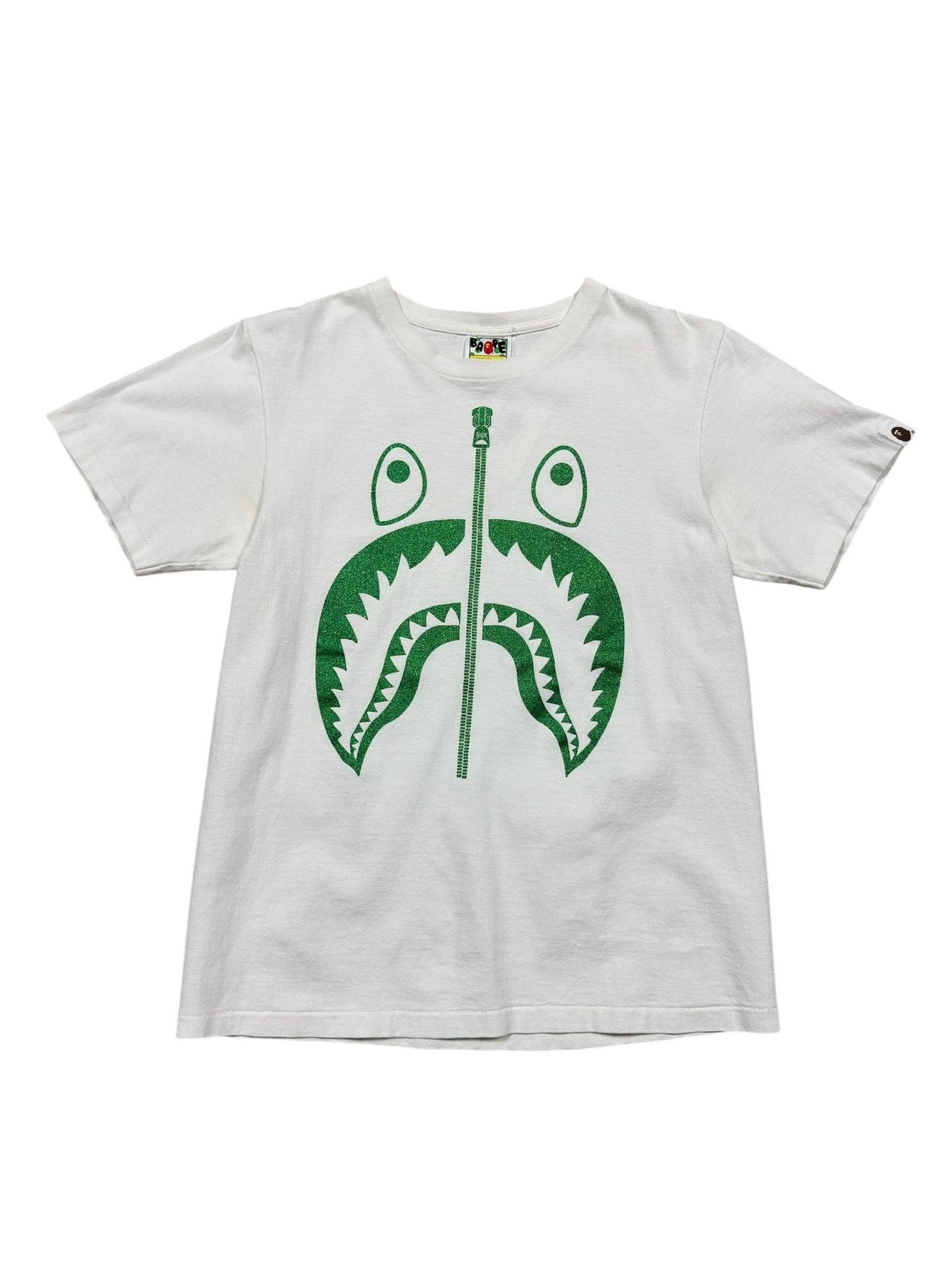 Bape Shark Green Glitter Tee White Sz S
