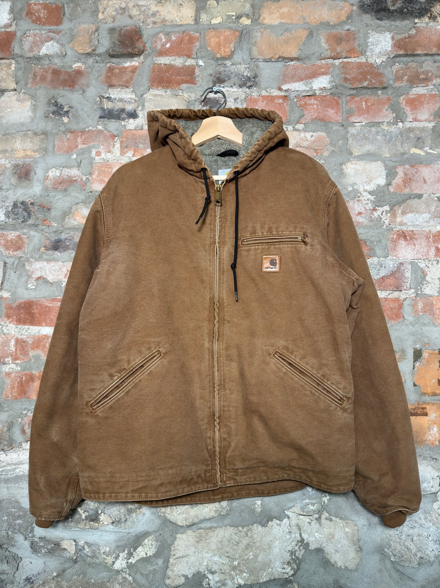 Vtg Carhartt Fleece Lined Tan Hooded Jacket Sz M