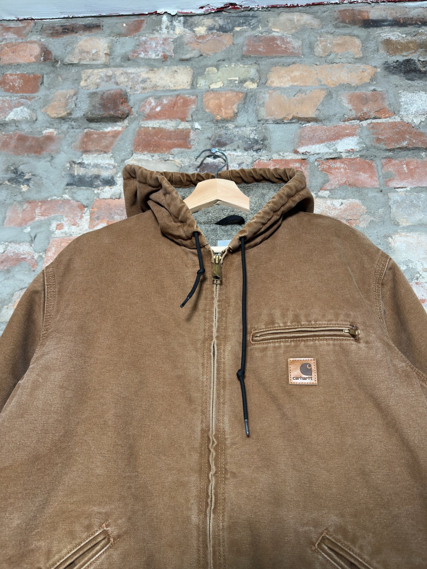 Vtg Carhartt Fleece Lined Tan Hooded Jacket Sz M