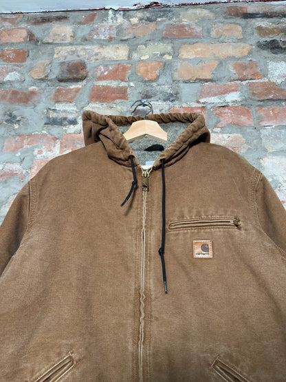 Vtg Carhartt Fleece Lined Tan Hooded Jacket Sz M