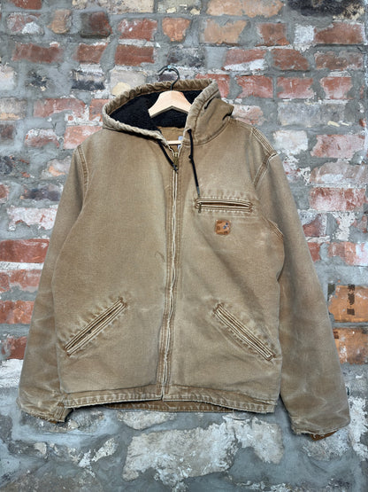 Vtg Carhartt Fleece Lined Faded Tan Hooded Jacket Sz M