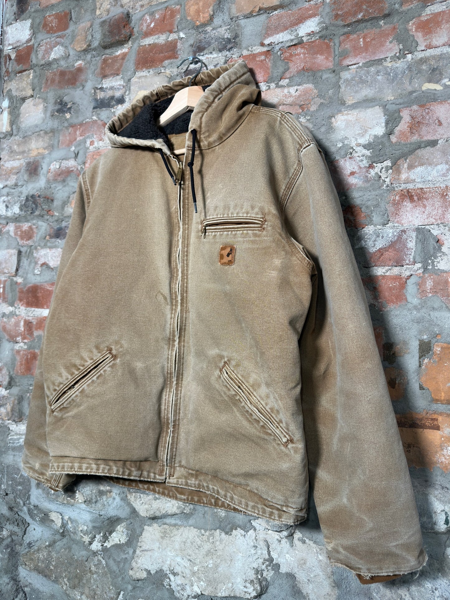 Vtg Carhartt Fleece Lined Faded Tan Hooded Jacket Sz M