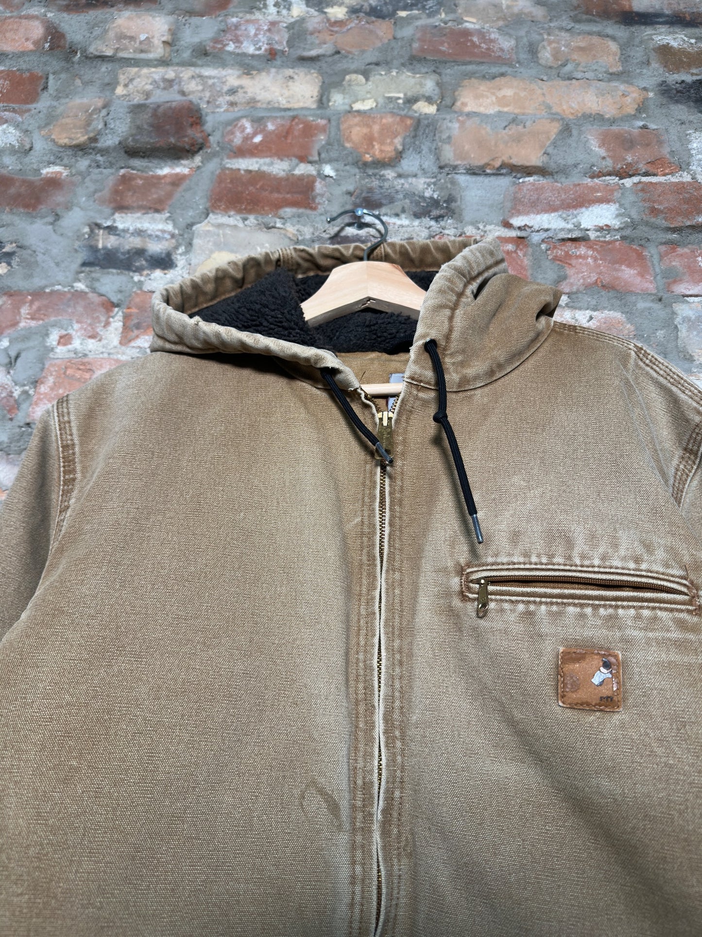 Vtg Carhartt Fleece Lined Faded Tan Hooded Jacket Sz M