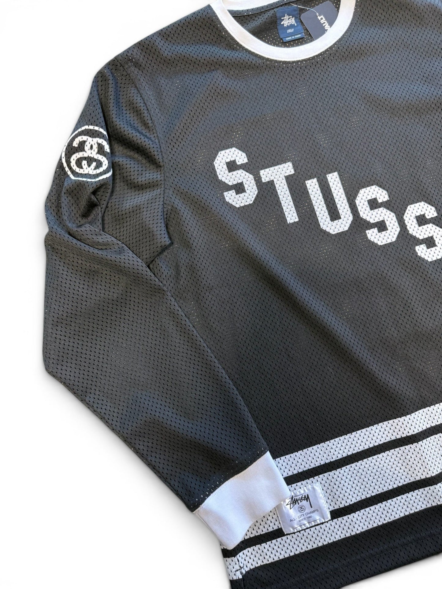 (L) Stussy Long Sleeve Black Mesh Jersey