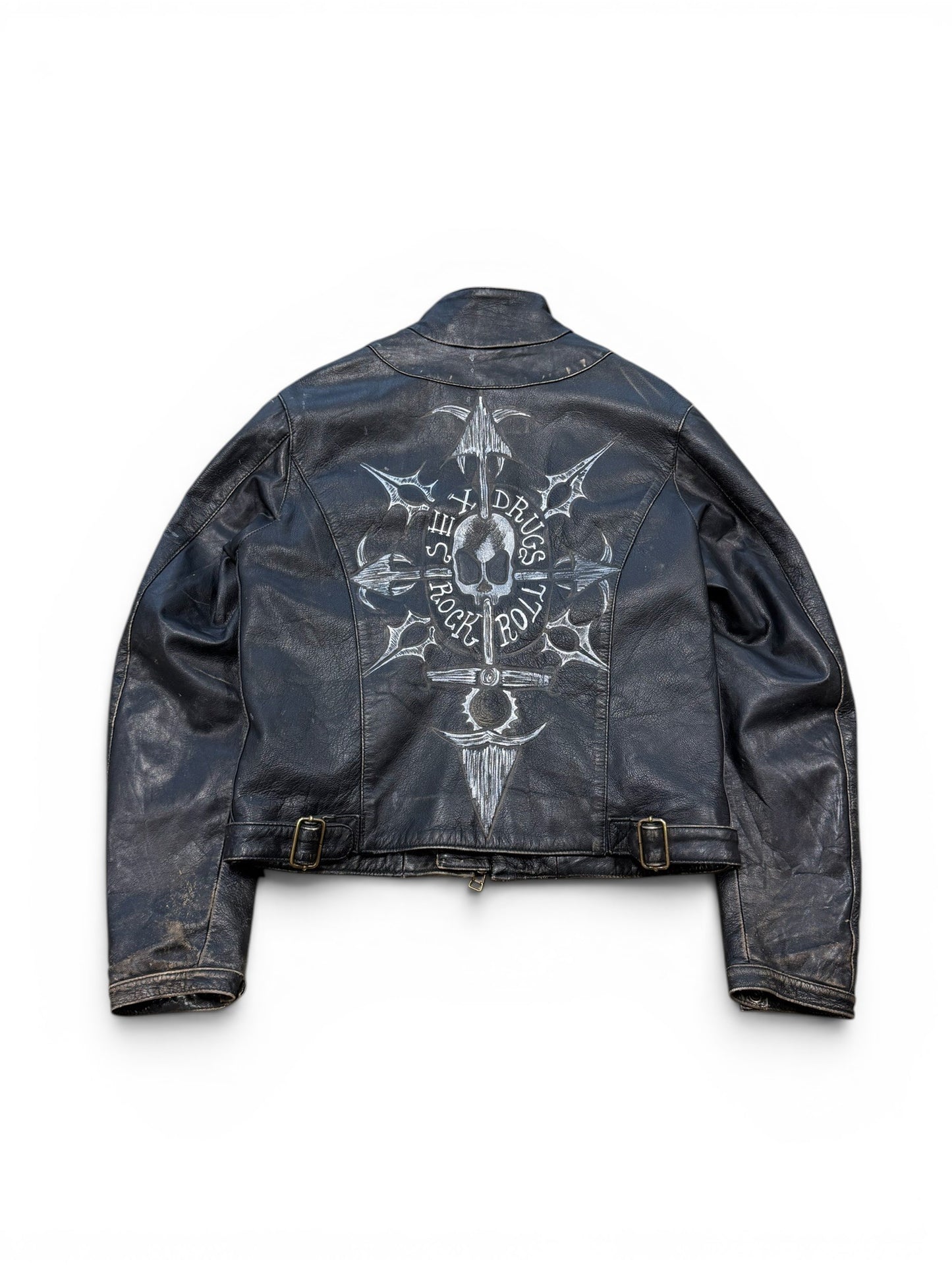(L) Vintage Black Rain "Sex Drugs Rock & Roll" Leather Jacket