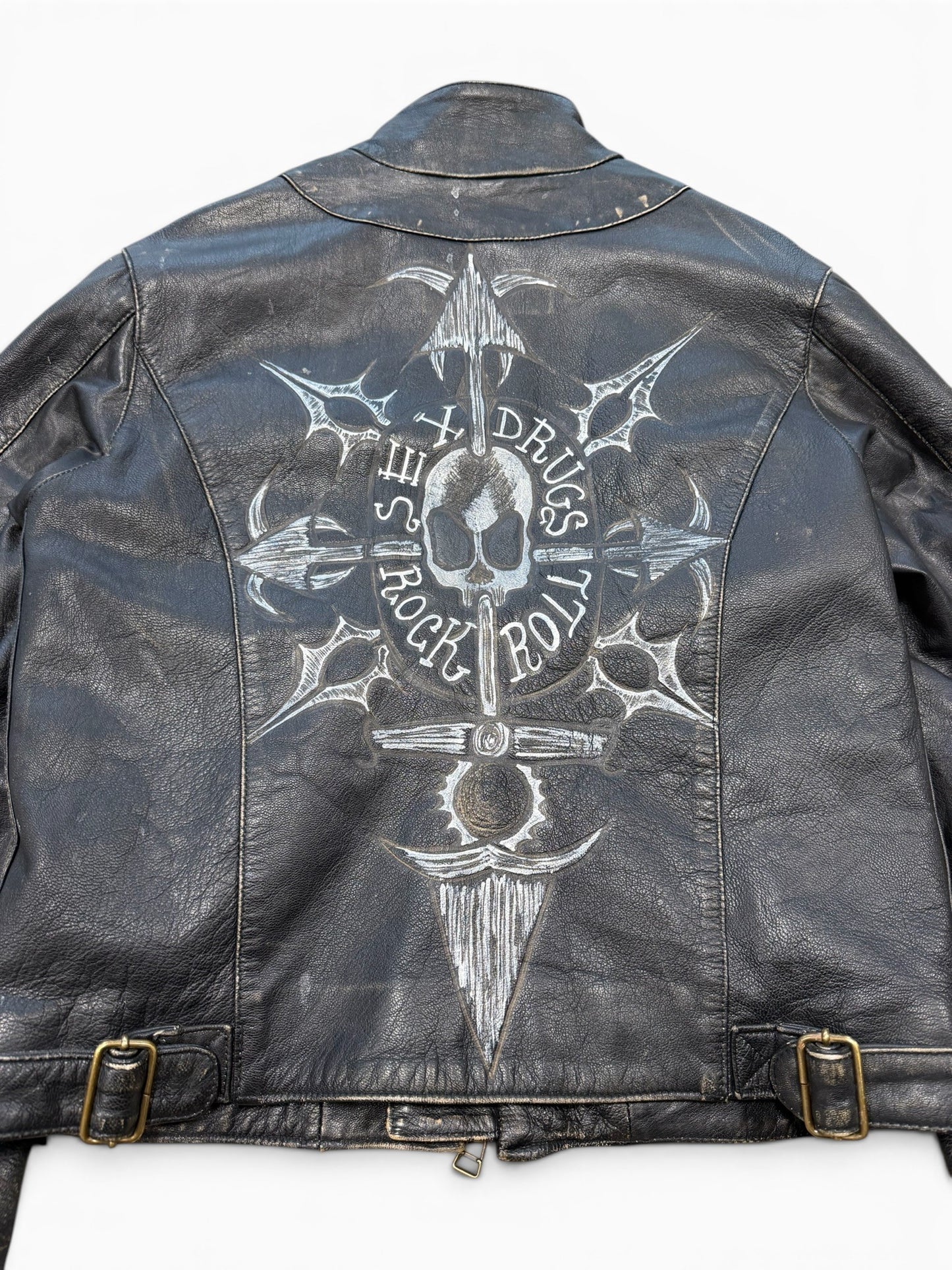(L) Vintage Black Rain "Sex Drugs Rock & Roll" Leather Jacket