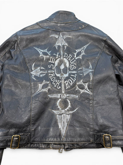 (L) Vintage Black Rain "Sex Drugs Rock & Roll" Leather Jacket
