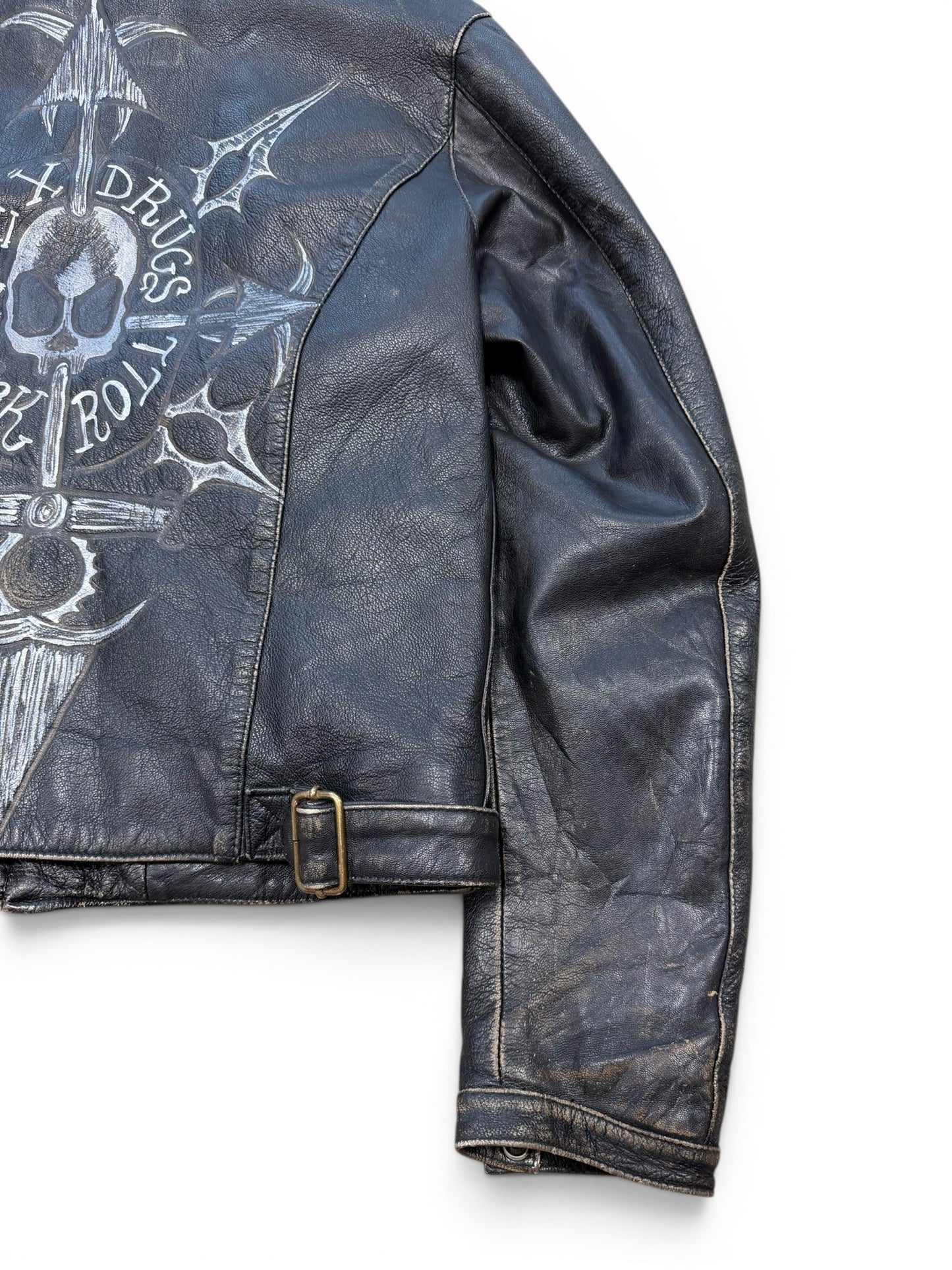 (L) Vintage Black Rain "Sex Drugs Rock & Roll" Leather Jacket