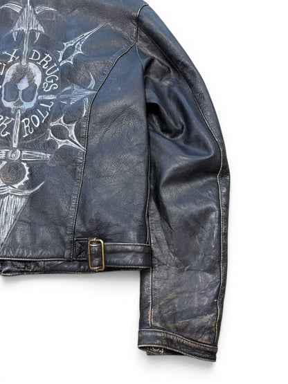 (L) Vintage Black Rain "Sex Drugs Rock & Roll" Leather Jacket