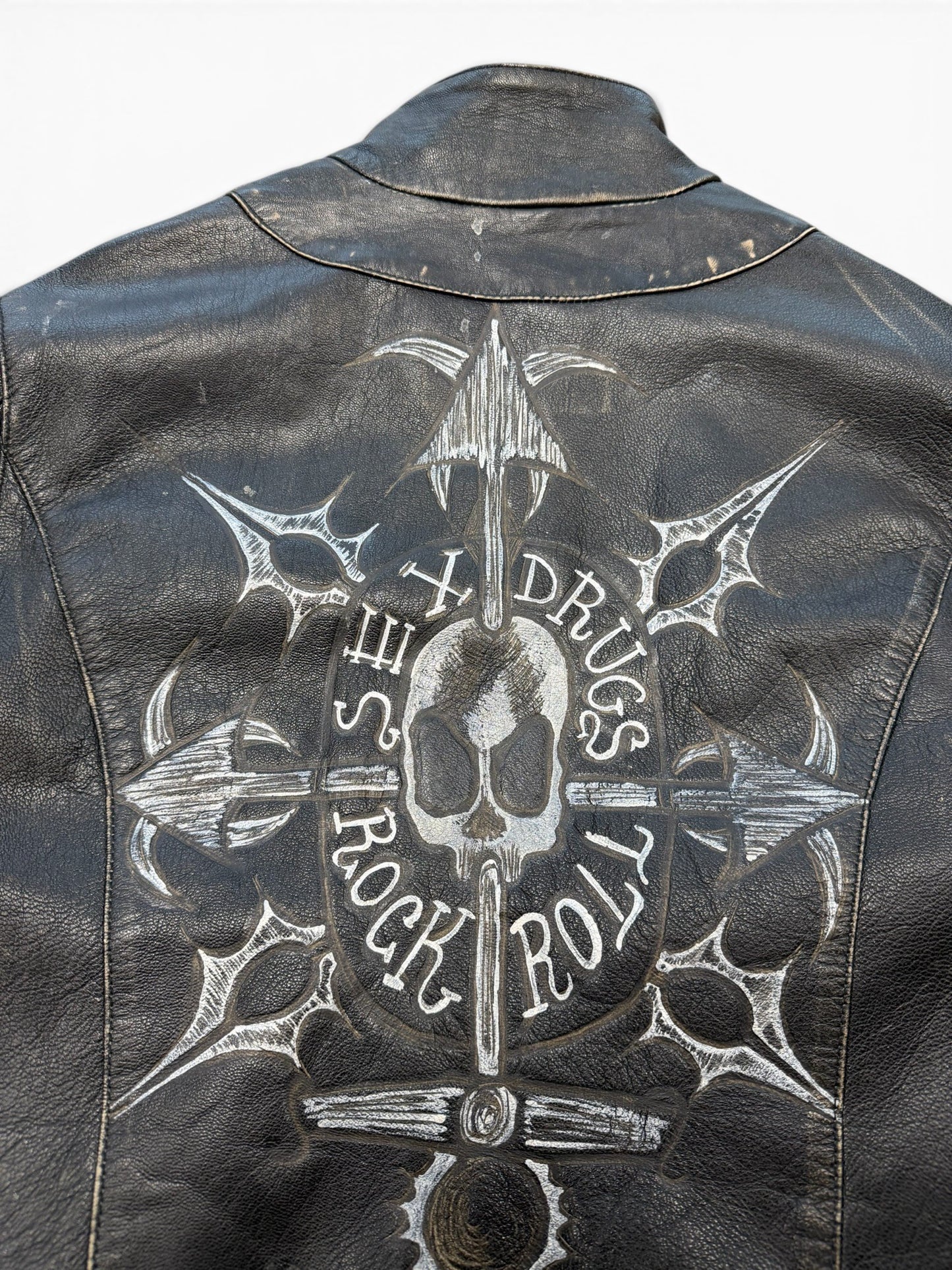 (L) Vintage Black Rain "Sex Drugs Rock & Roll" Leather Jacket