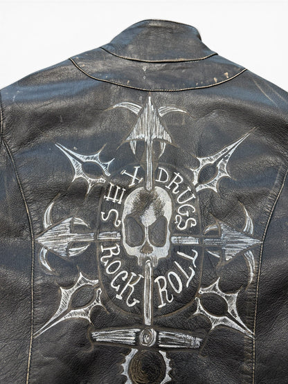 (L) Vintage Black Rain "Sex Drugs Rock & Roll" Leather Jacket