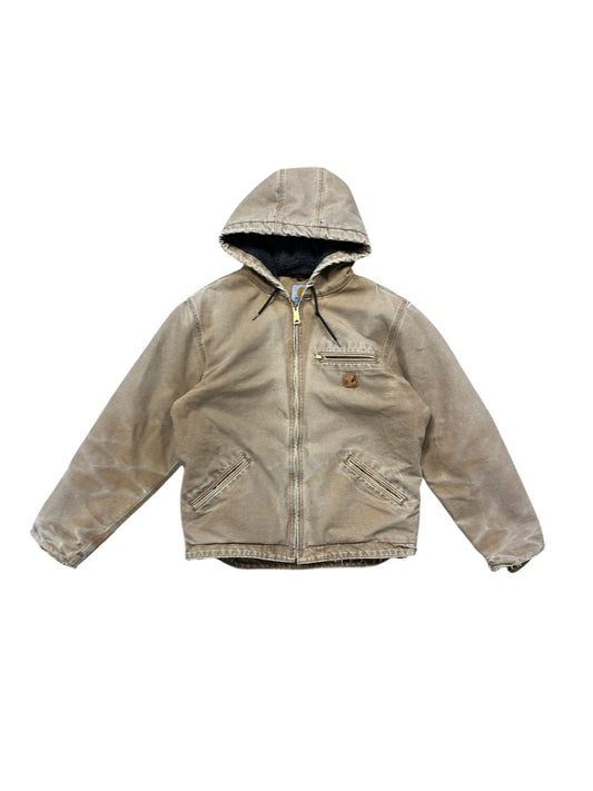 Vtg Carhartt Fleece Lined Faded Tan Hooded Jacket Sz M