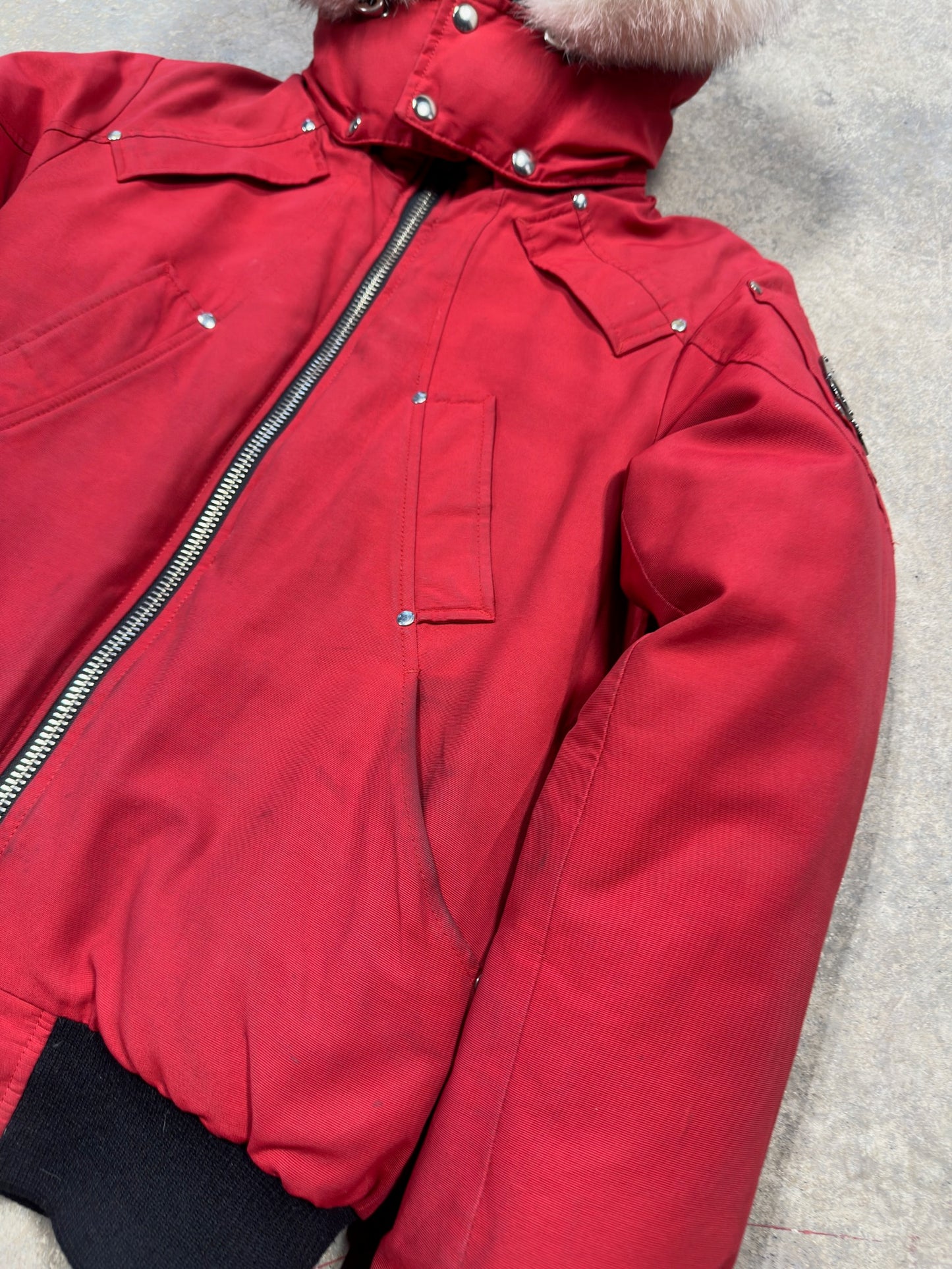 (S) Moose Knuckles Ballistic Shearling Red Bomber Jacket