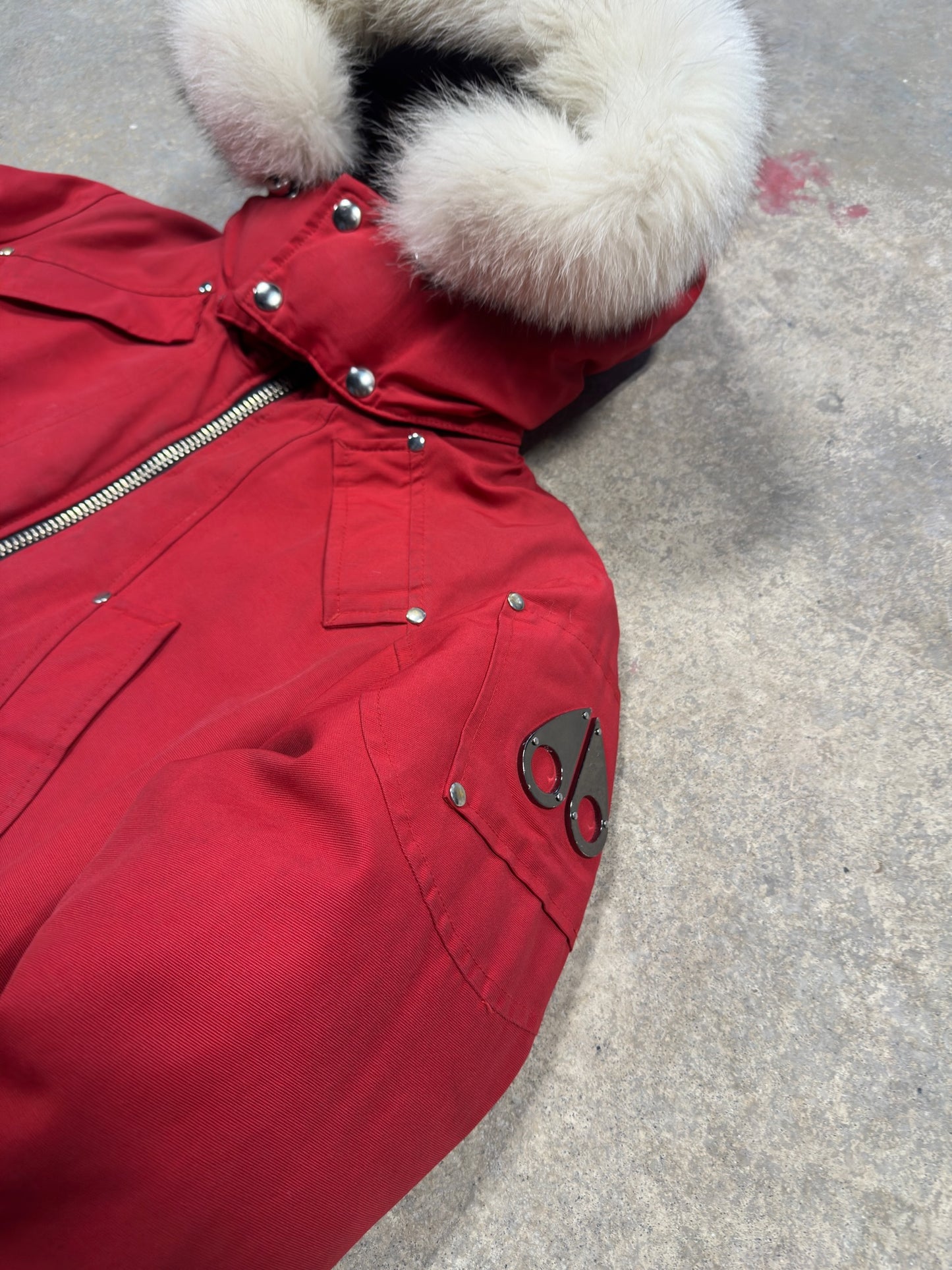 (S) Moose Knuckles Ballistic Shearling Red Bomber Jacket