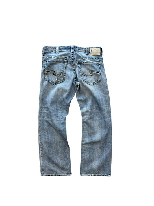 (36") Y2K Silver Embroidered Jeans