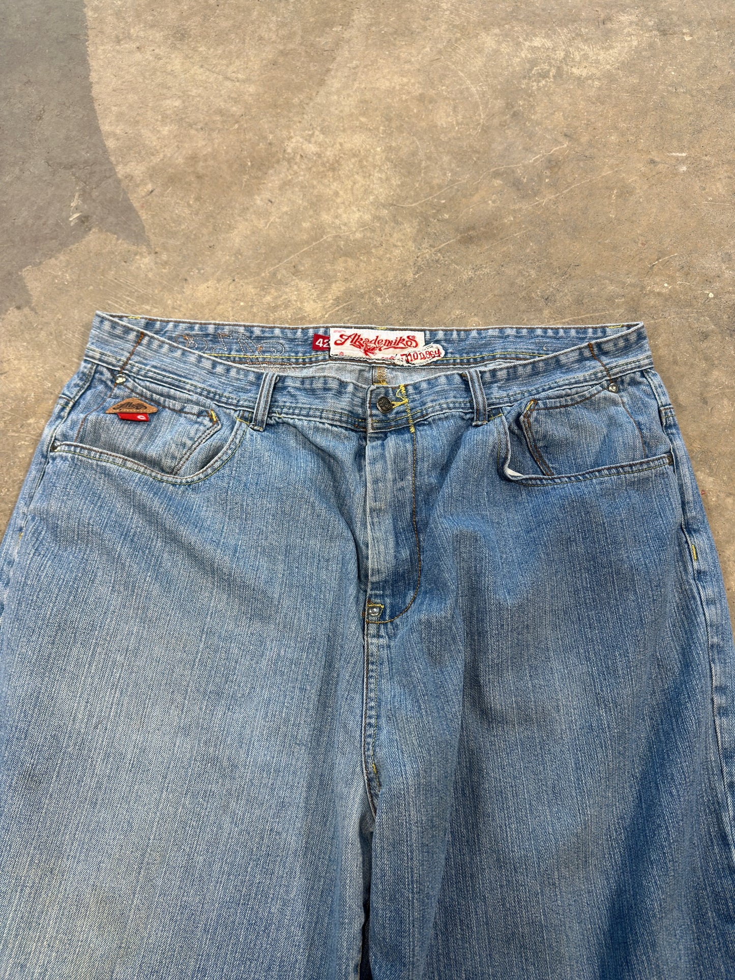 (42 Waist) Y2K Alkademikos Embroidered Denim