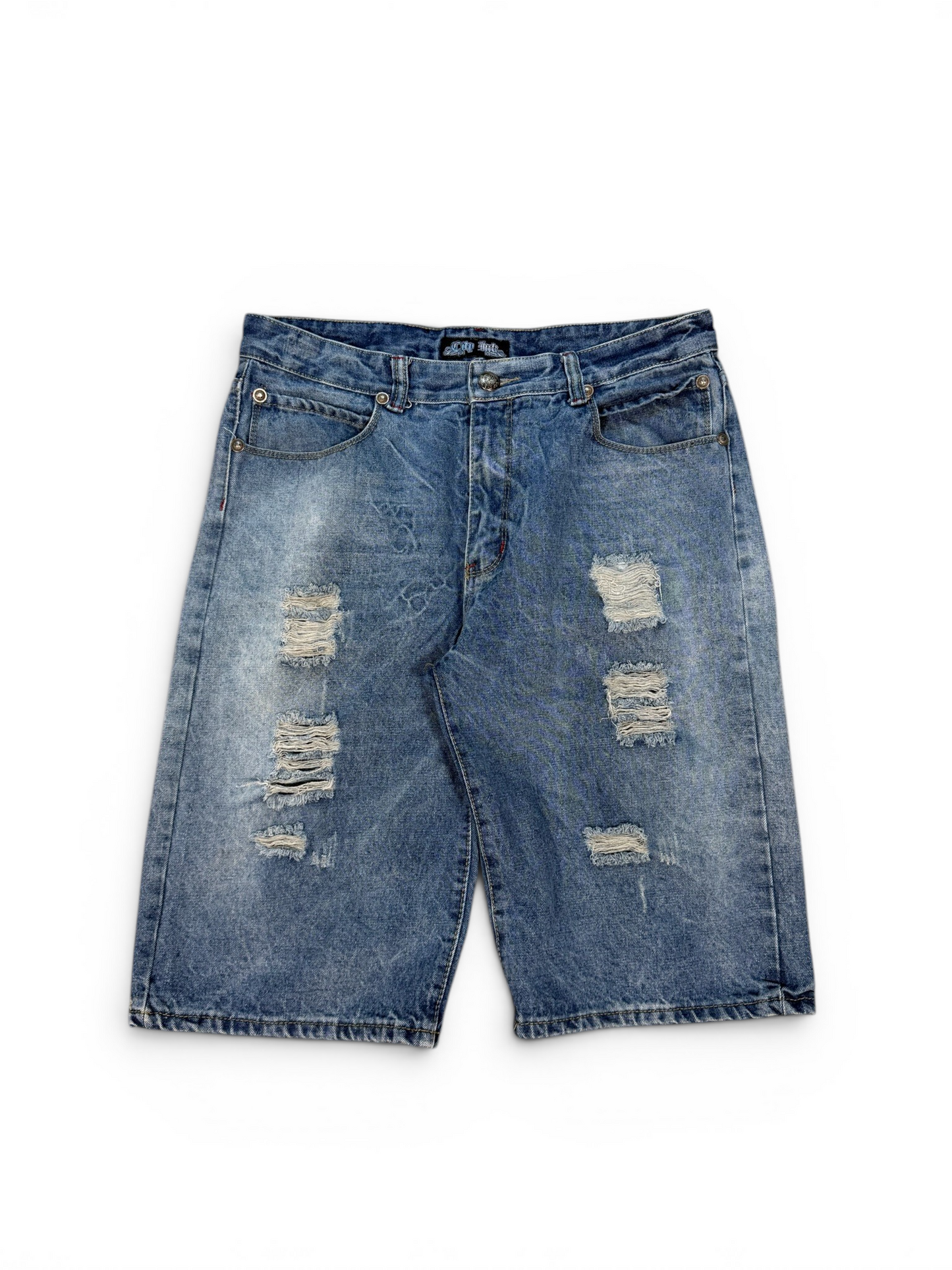 (34W) Y2K City Ink Distressed Jorts