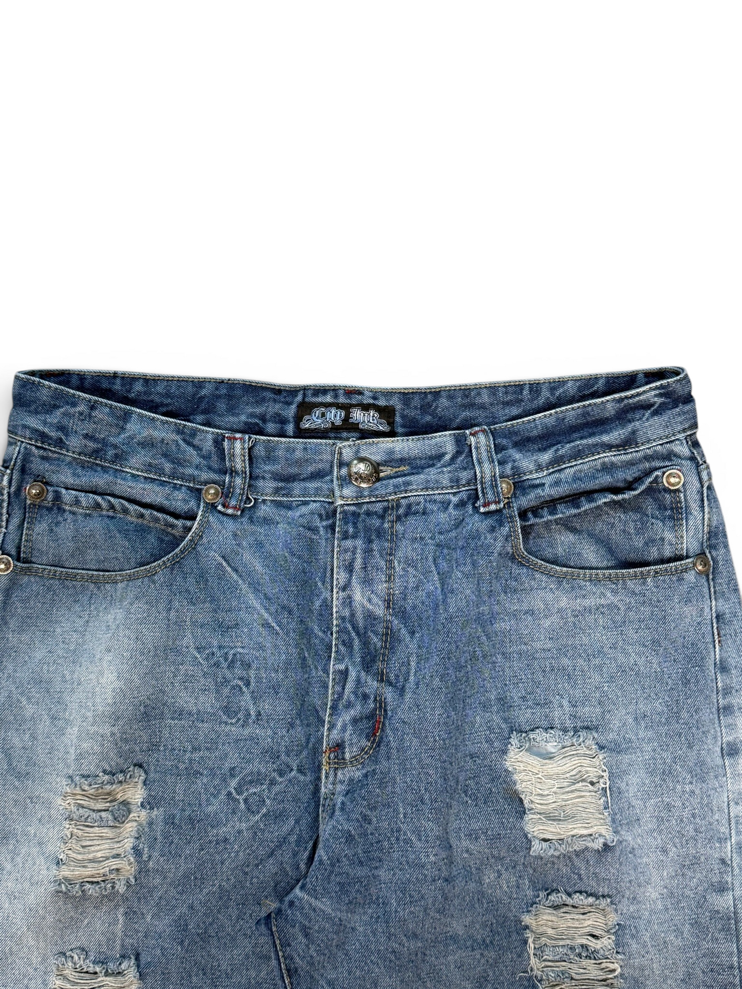 (34W) Y2K City Ink Distressed Jorts