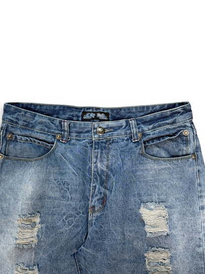 (34W) Y2K City Ink Distressed Jorts
