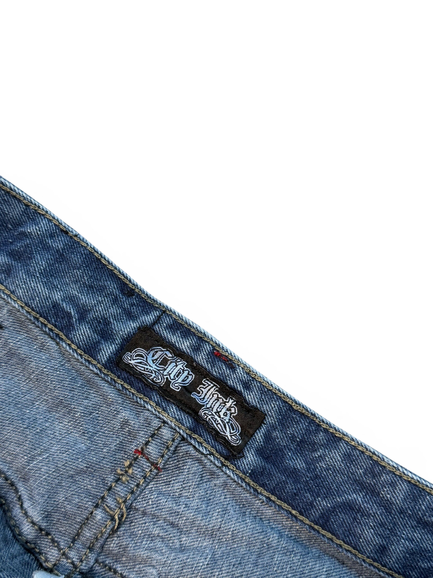(34W) Y2K City Ink Distressed Jorts