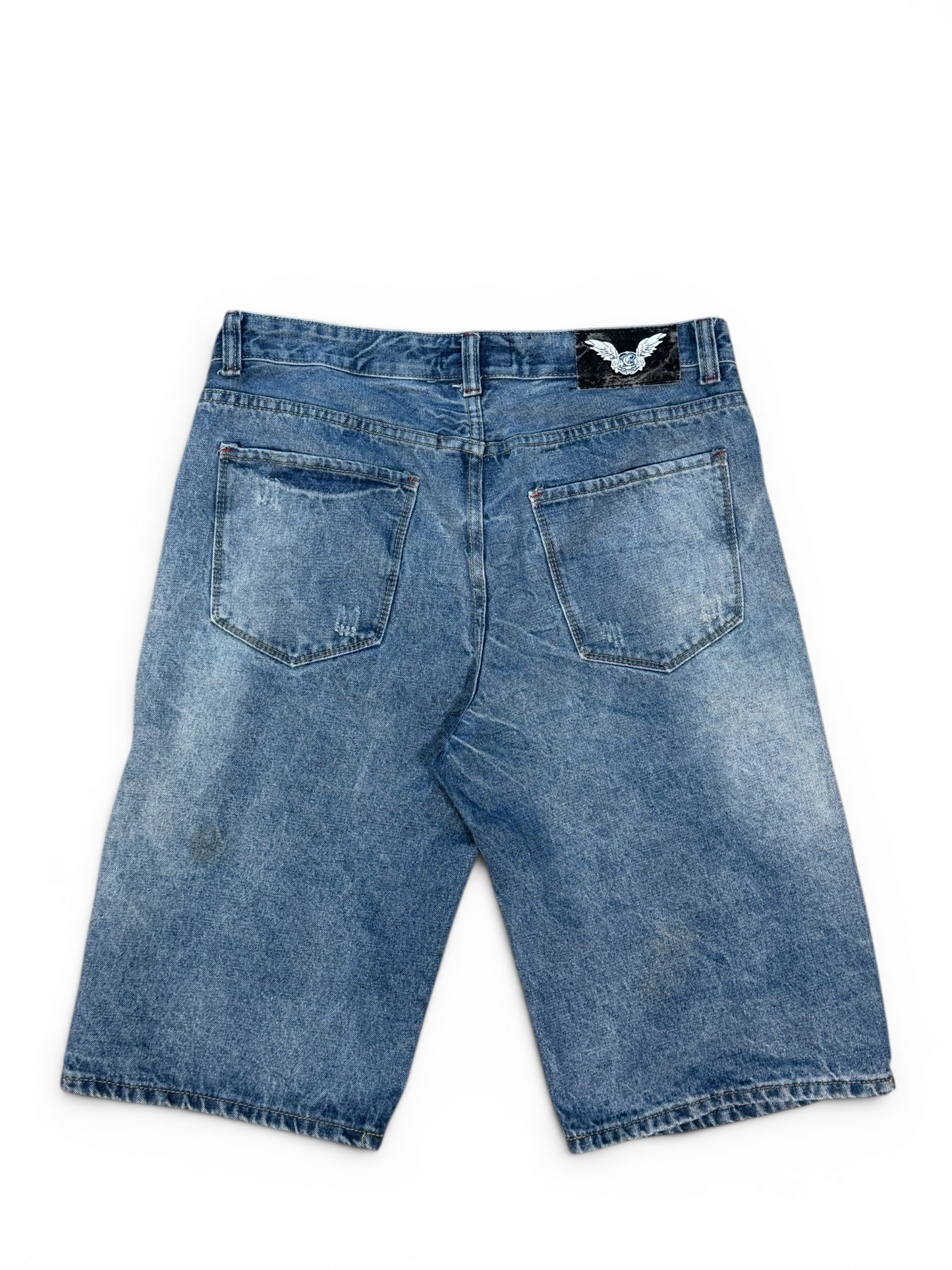 (34W) Y2K City Ink Distressed Jorts