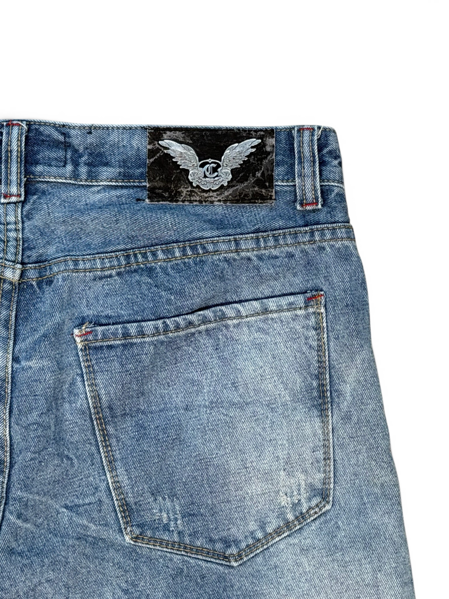 (34W) Y2K City Ink Distressed Jorts