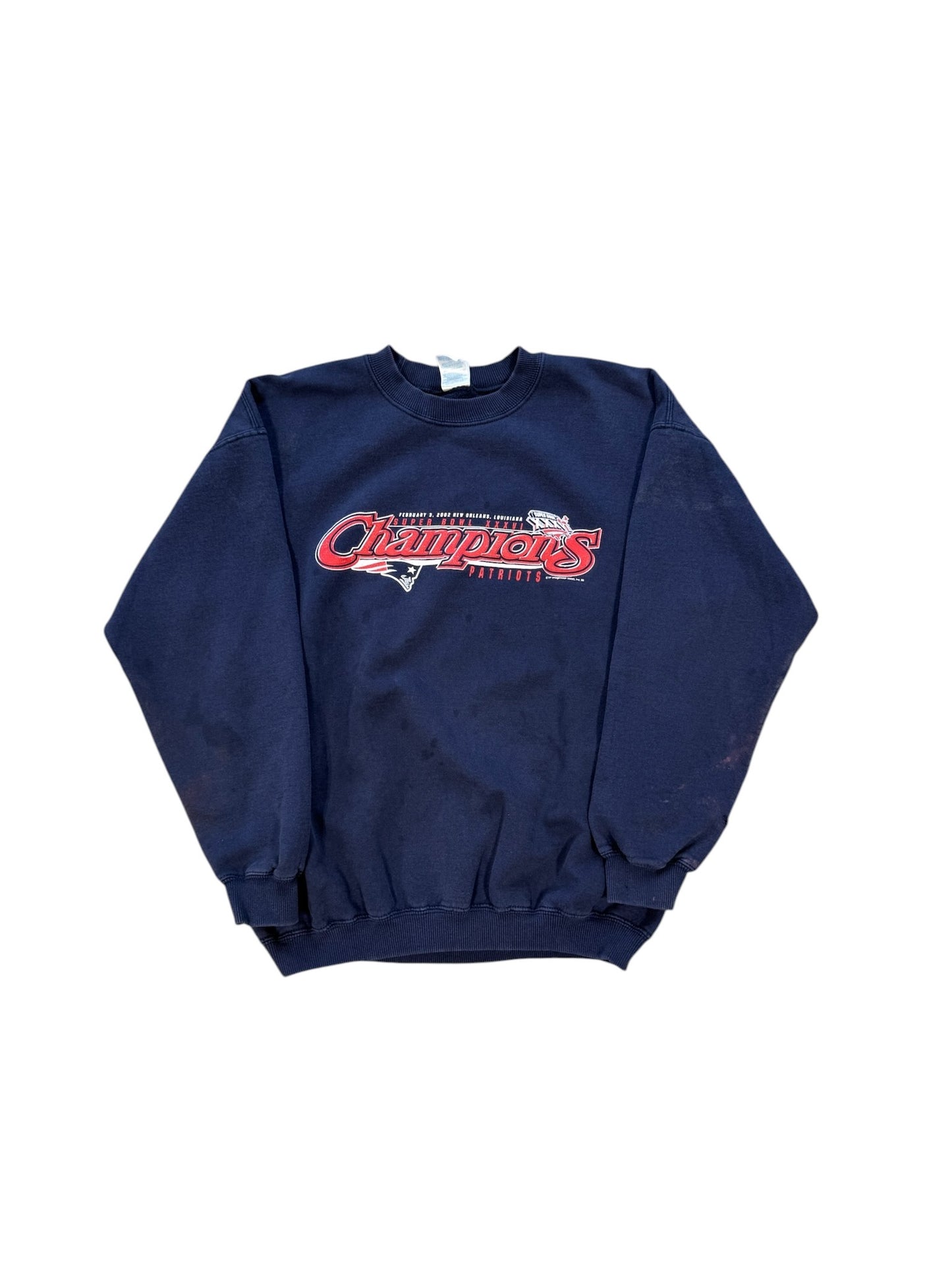 (L) 2002 New England Patriots Super Bowl Navy Crewneck