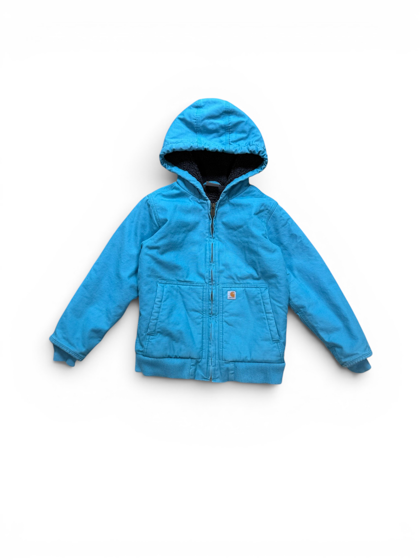 (S 7-8) Vintage Carhartt Active Light Blue Kids Hooded Work Jacket