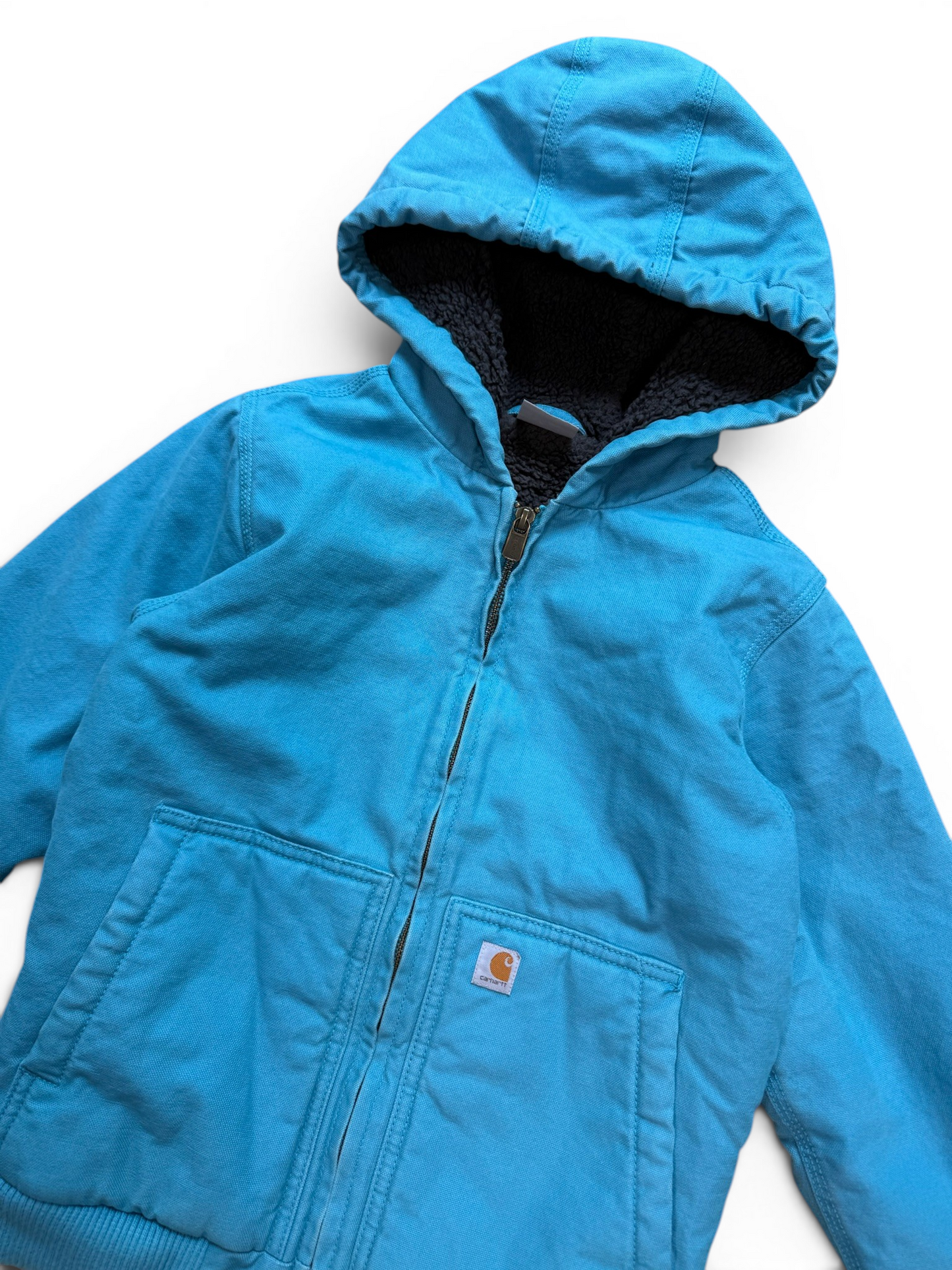 (S 7-8) Vintage Carhartt Active Light Blue Kids Hooded Work Jacket