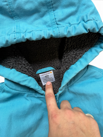 (S 7-8) Vintage Carhartt Active Light Blue Kids Hooded Work Jacket