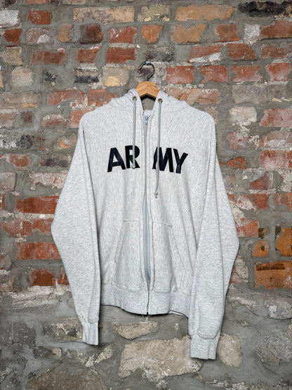 90s Army Grey Zip Up Hoodie Sz L