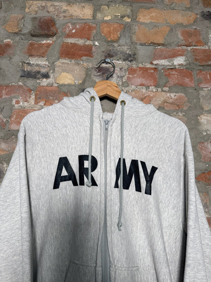 90s Army Grey Zip Up Hoodie Sz L