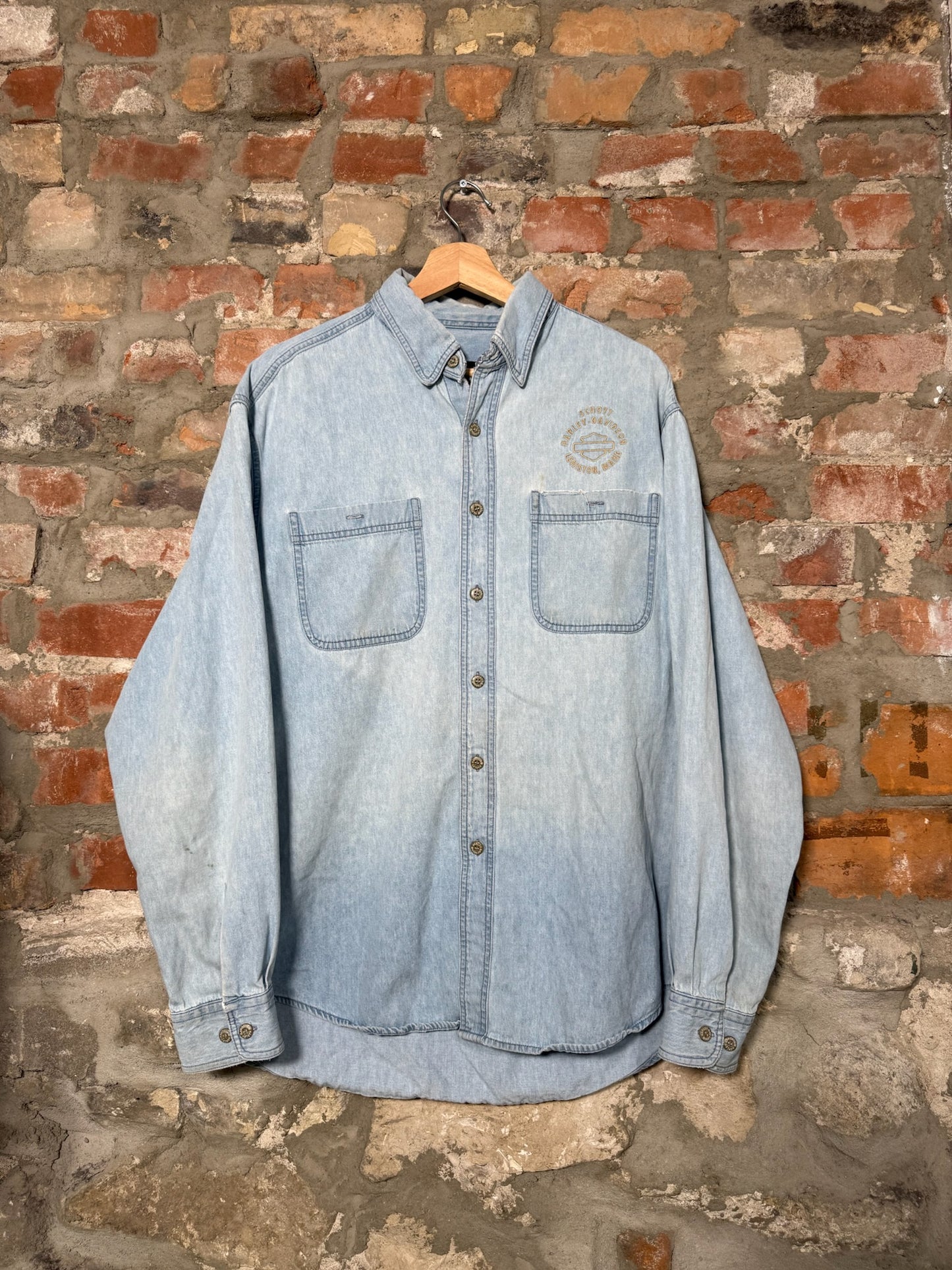 (L) Y2K Harley Davidson Denim Button Up Shirt