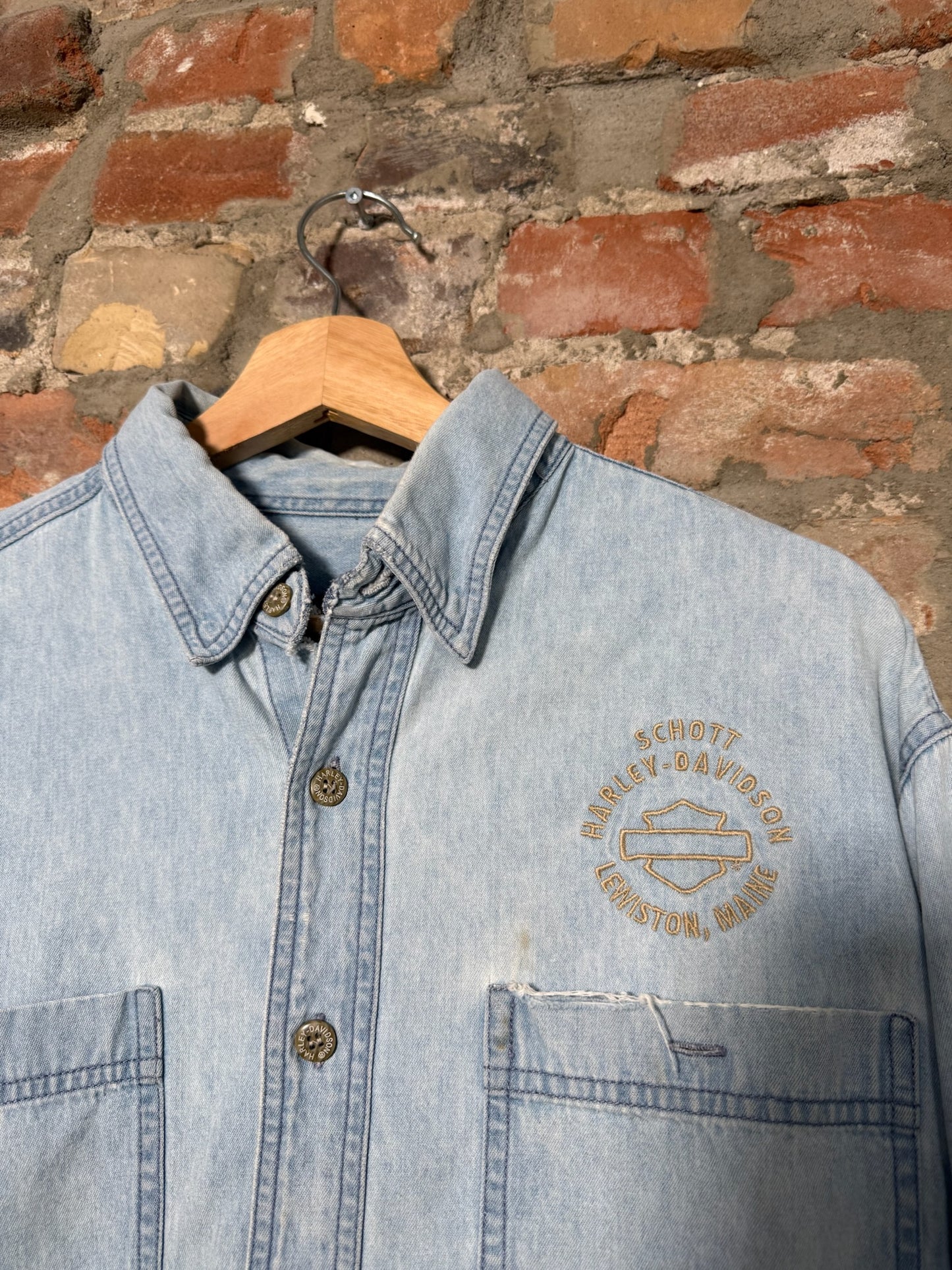 (L) Y2K Harley Davidson Denim Button Up Shirt