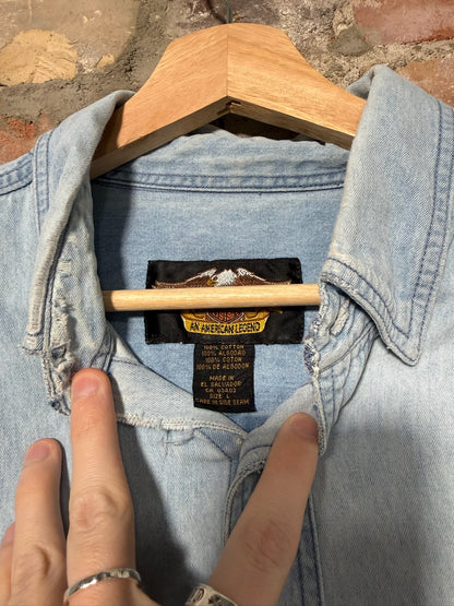 (L) Y2K Harley Davidson Denim Button Up Shirt