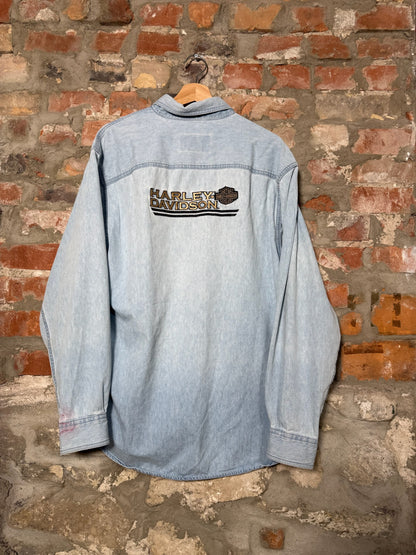 (L) Y2K Harley Davidson Denim Button Up Shirt