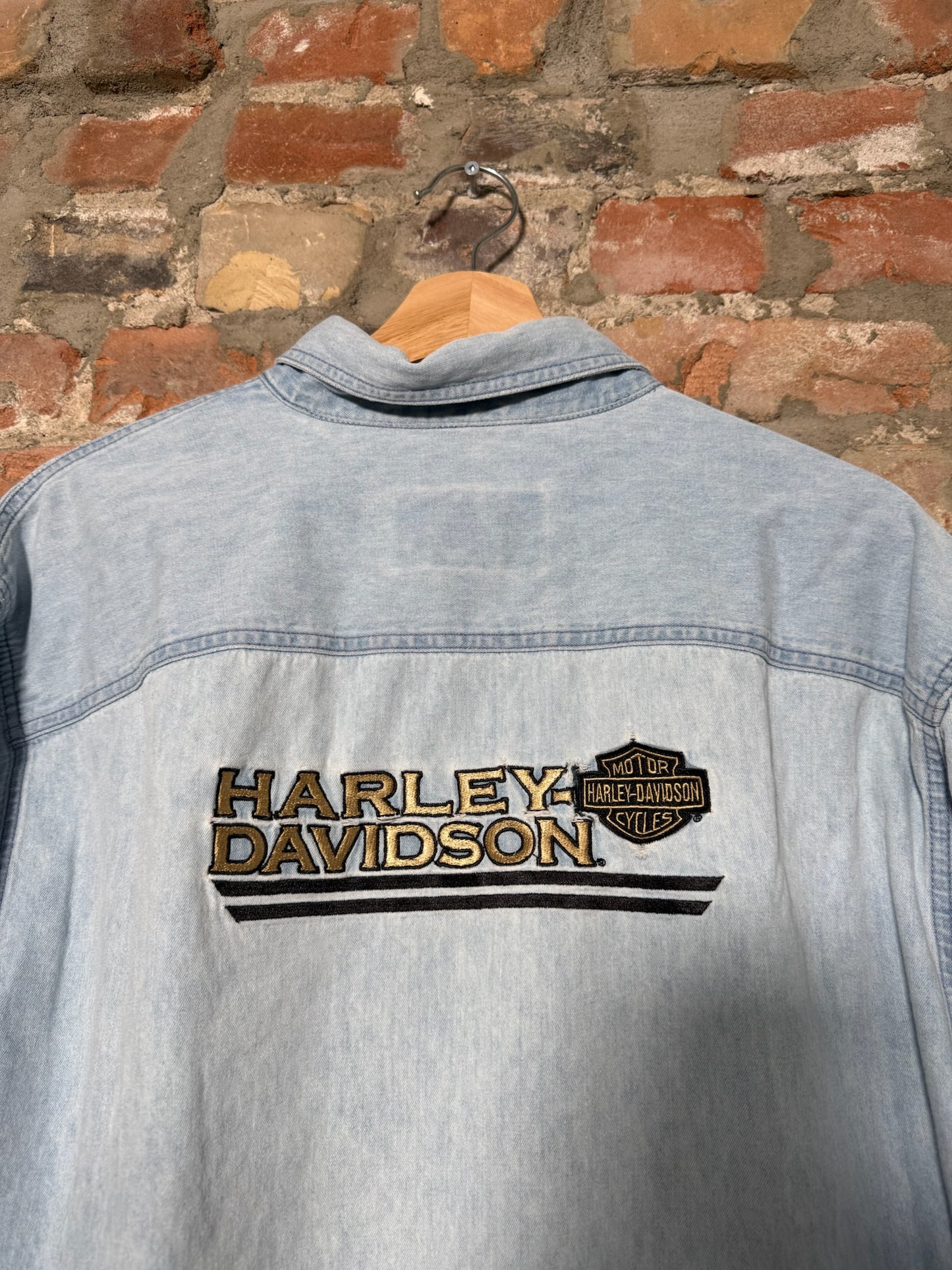 (L) Y2K Harley Davidson Denim Button Up Shirt